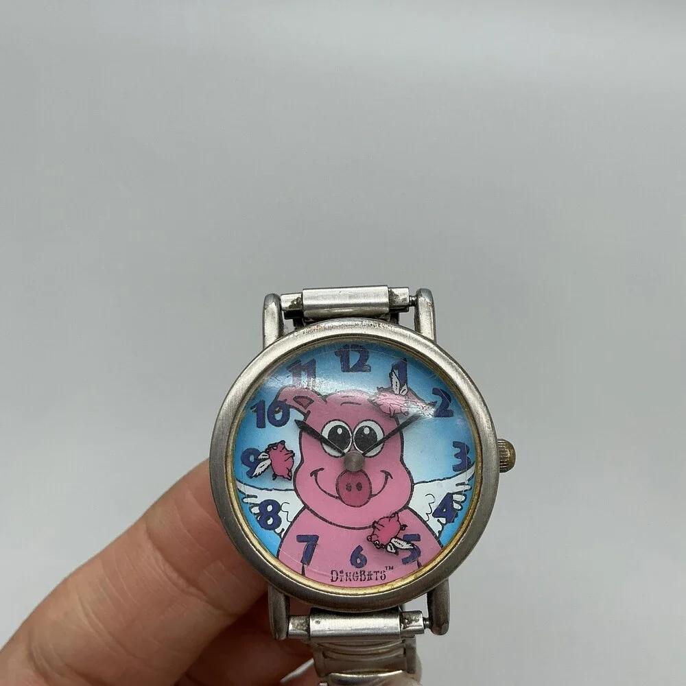 Dingbats PP00070 Womens Watch 29mm Pink Pig Dial Silver Tone New Battery